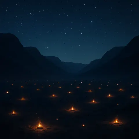 Numerous Distant Campfires Flicker Like Scattered Embers Across a Vast