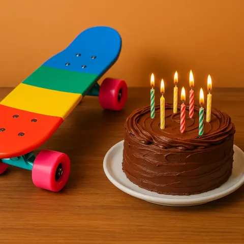 Vibrant Skateboard Placed Beside a Chocolate Cake Topped with Lit