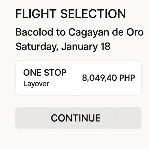 Flight Selection Screen Showing a Bacolod to Cagayan De Oro