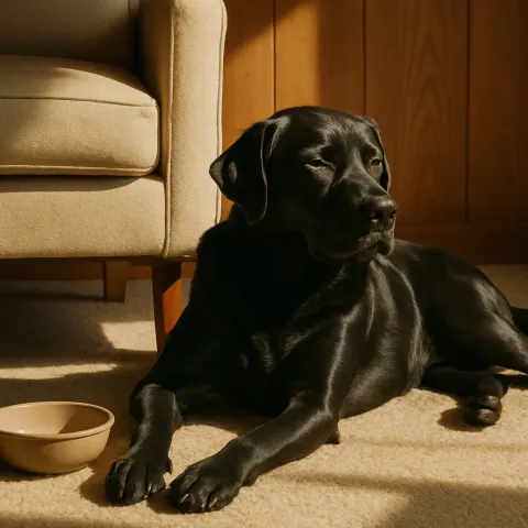 Black Dog Lounges in Sunlight on a Carpeted Floor