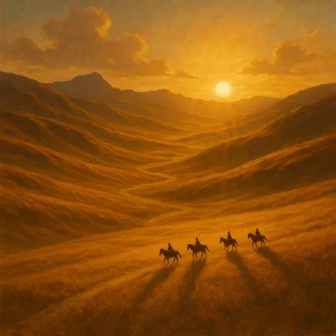 Few Tiny Figures on Horseback Traverse
