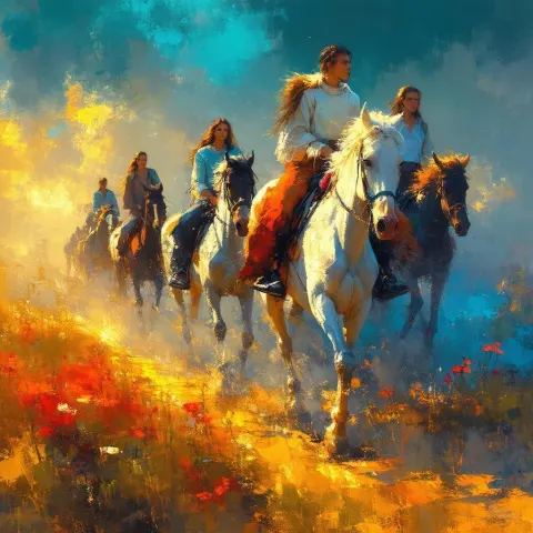 Storybook Riders on Horseback at Golden Hour