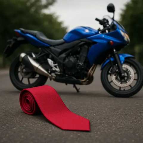 Blue Motorcycle with a Red Tie Positioned Beside It