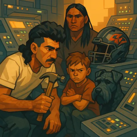 Middle Eastern Artist with a Distinct Mullet Crouches Intently