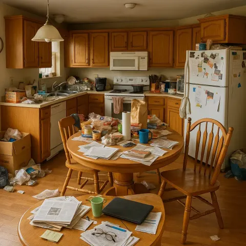 Cluttered Kitchen and Dining Area with Wooden Cabinets