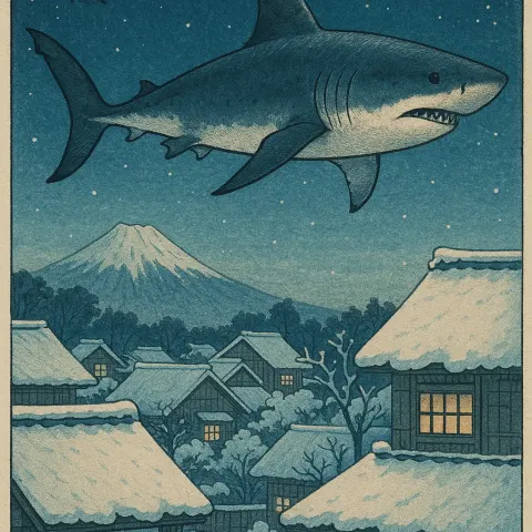 Woodblock Print Great White Shark Soars over Snowy Rooftops