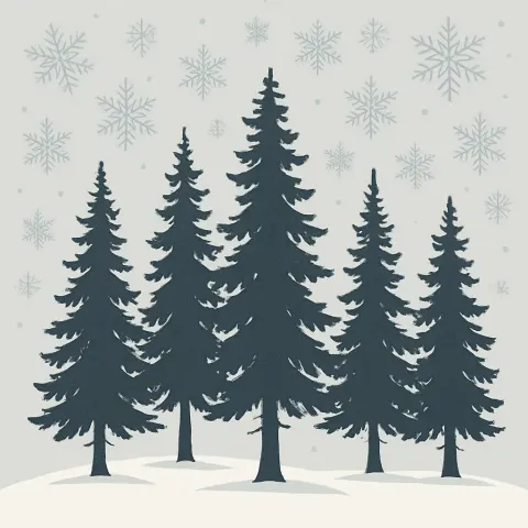 Digital Vector Artwork Depicting a Serene Winter Setting with Six