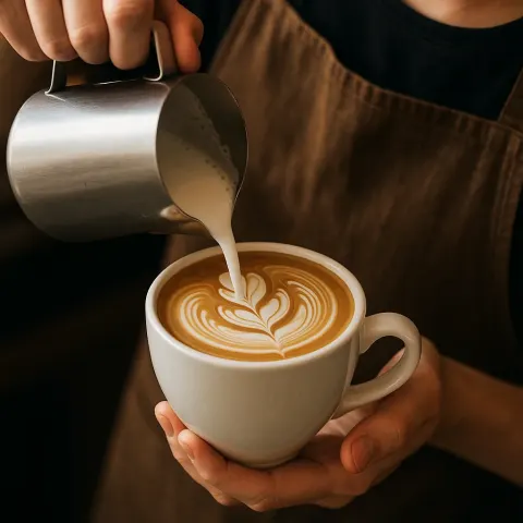 Barista Expertly Pours Steamed Milk into a Coffee Cup