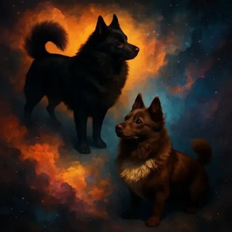 Two Distinct Schipperkes—one a Solid Jet Black Boasting a Prominent