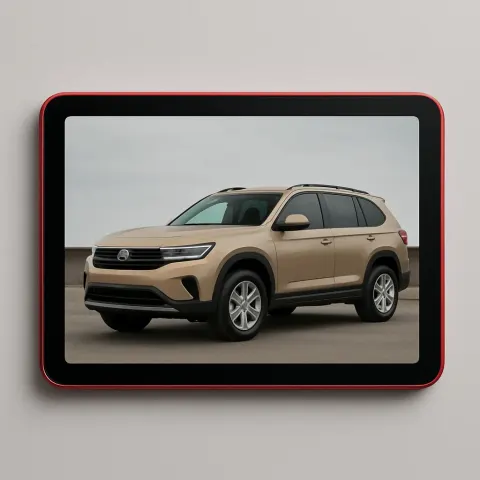 Tan-colored SUV Alongside a Crimson-colored Tablet
