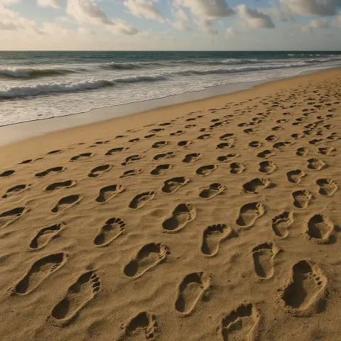 Sandy Coast Marked by Footprints of Assorted Shapes and Dimensions
