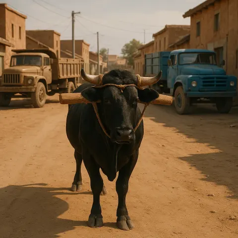Black Ox with Wooden Yoke Stands in a Dusty Village