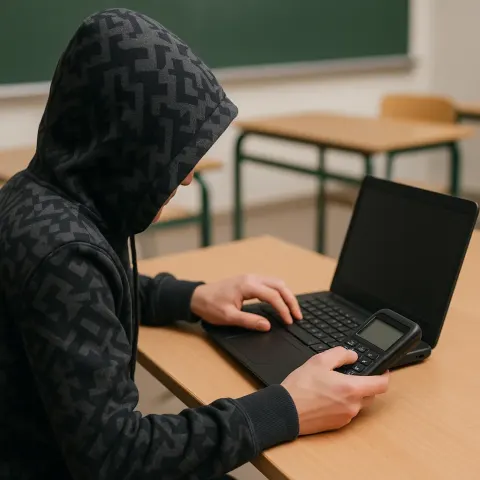 Person Wearing a Patterned Hoodie Interacts with a Laptop