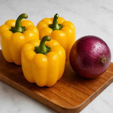 Wooden Cutting Board Holds Three Bright Yellow Bell Peppers