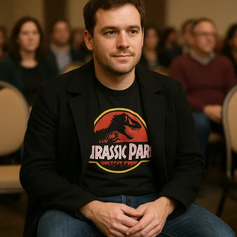 Person Wearing a Jurassic Park T-shirt