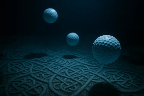 Three Varied Golf Balls Curve Through a Low-key Coral Lagoon