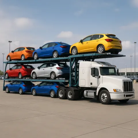 Large Transport Truck Featuring a Double-decker Trailer Loaded