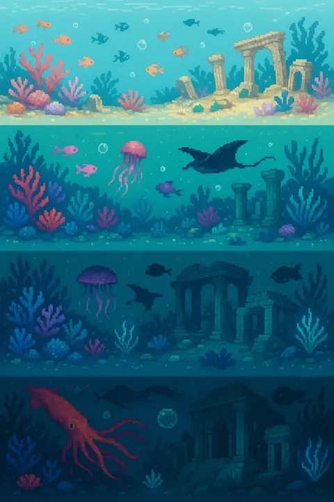 Vibrant Pixel-art Mural Showcasing a Peaceful Underwater Kingdom Divided