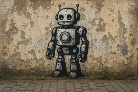 Spray-painted Mural of a Robot Decorates a Worn Concrete Wall
