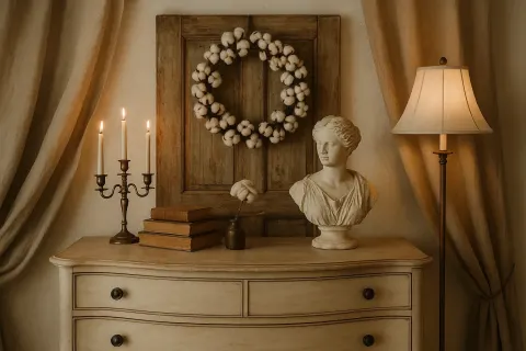 Vintage-style Dresser with Curved Drawers and Dark Knobs Is Topped