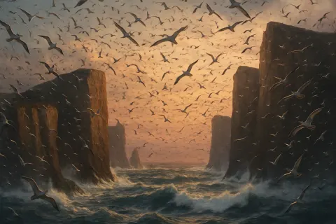 Vast Flock of Countless Seabirds Wheels and Dives
