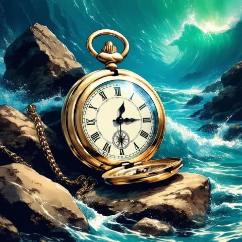 Golden Pocket Watch on Storm Swept Rocks
