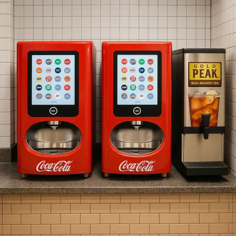 Red Coca-Cola Freestyle Machines with Touchscreens Alongside a Gold Peak