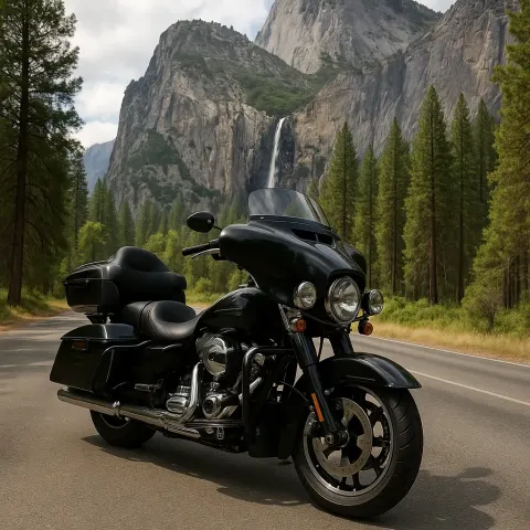 Black Touring Motorcycle Parked on a Road Surrounded by Trees