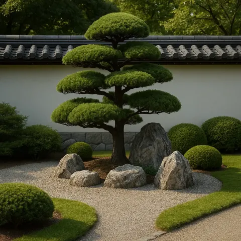 Manicured Garden Featuring a Sculpted Evergreen Tree