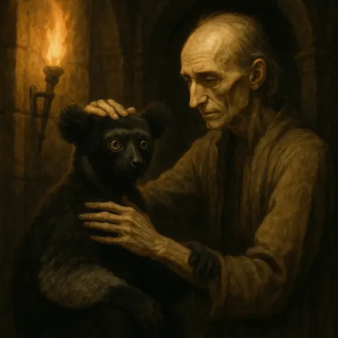 Gaunt Historical Figure Tenderly Strokes a Dark-faced Indri in Torch-lit