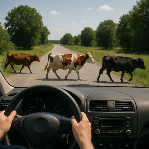 Person Driving a Car on a Rural Road with Cows