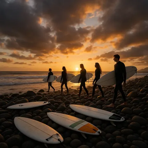 Surfers Walking on a Rocky Beach with Scattered Surfboards