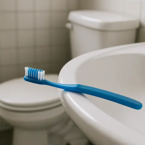 White Bathroom Sink with a Blue Toothbrush Positioned