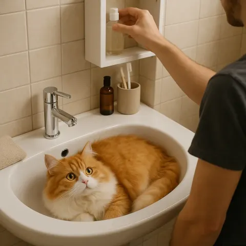 Fluffy Orange-and-white Cat Is Curled Up Inside a Bathroom Sink