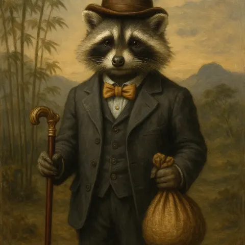 Highly Detailed Oil Painting Depicts a Raccoon Clad