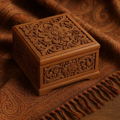 Wooden Jewelry Box with Intricate Carvings