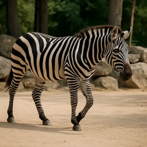 Zebra with Distinct Black-and-white Stripes Walks on a Sandy Ground