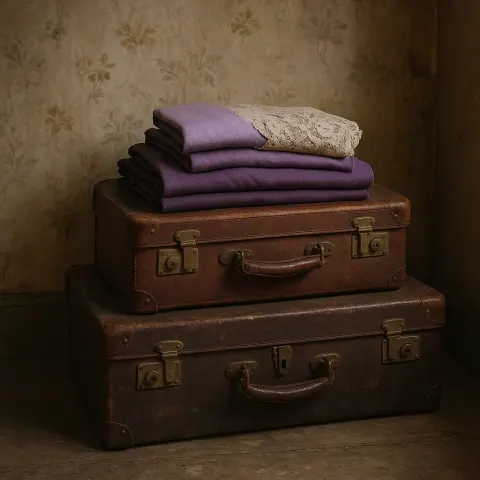 Two Vintage Suitcases Topped with Folded Purple and Lace Garments