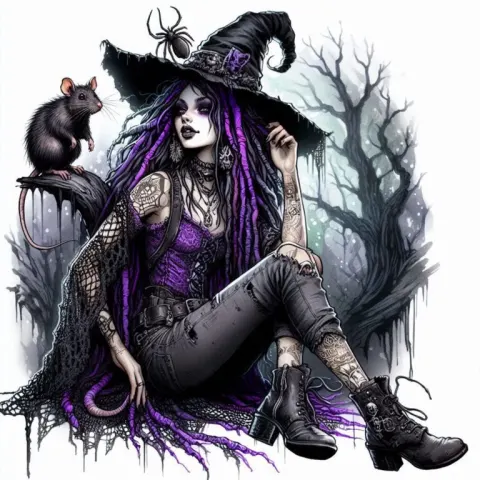 Enchanting Witch in Dark Forest Scene