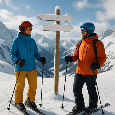 Two Skiers in Winter Attire Standing near a Directional Signpost