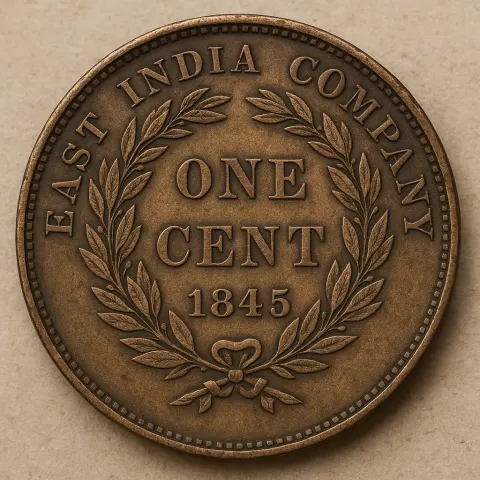 Vintage 1845 East India Company One-cent Coin Featuring a Laurel