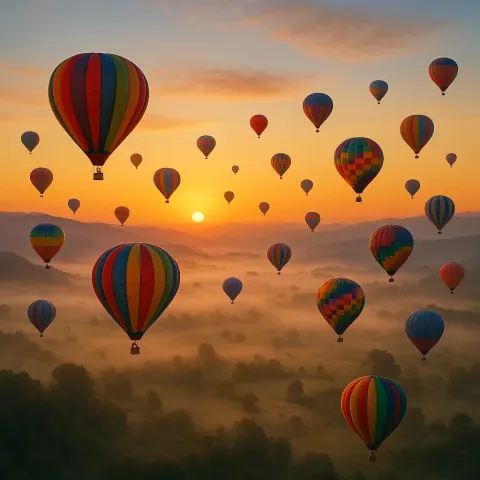 Many Brightly Colored Hot Air Balloons Drift Serenely