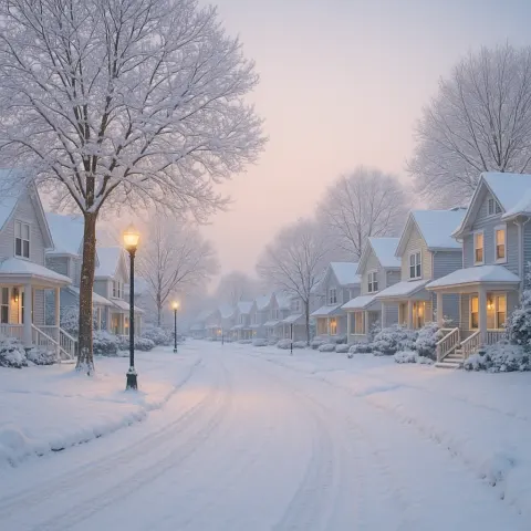 Peaceful Suburban Road Covered in Newly Fallen Snow