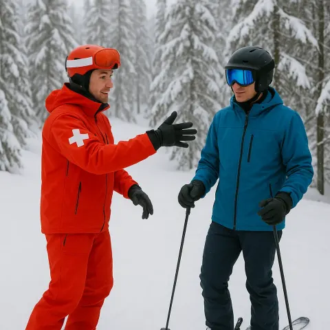 Ski Instructor in a Red Jacket with a Cross Emblem