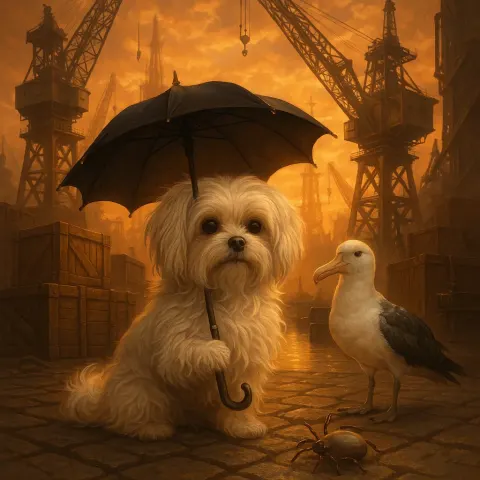 Maltese Dog with an Umbrella