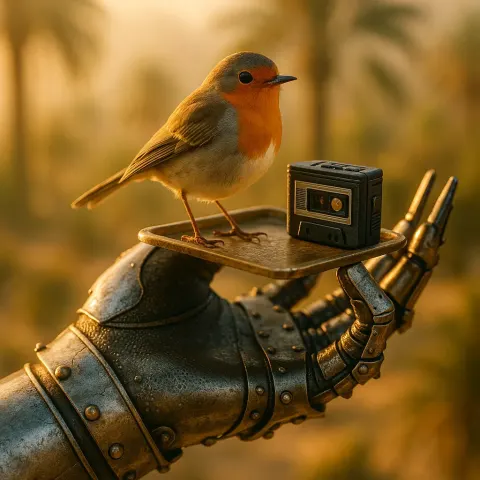 Medieval Gauntlet Offers a Miniature Tray Holding a Tiny Robin
