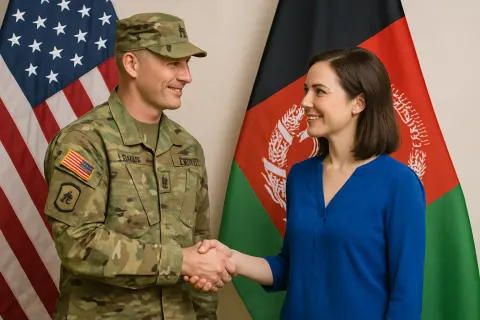 U.S. Army Officer in Camouflage Uniform Shakes Hands