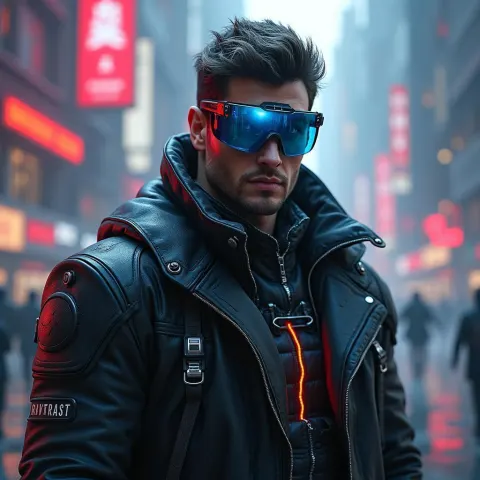 Adam Jensen Amid Neon City Lights