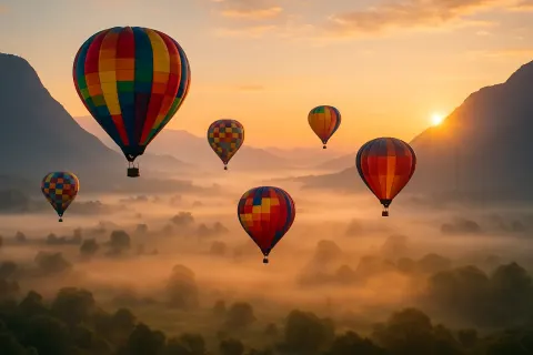 Several Brightly Colored Hot Air Balloons Drift Serenely