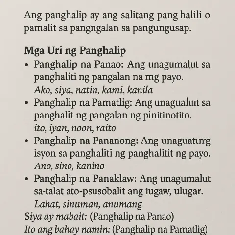Page of Text in Filipino Discussing "Panghalip," Including its Definition